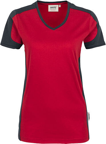 Damen V-Shirt Contrast Mikralinar® 190, rot/anthrazit, Gr. 3XL 