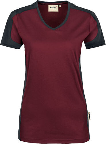 Damen V-Shirt Contrast Mikralinar® 190, weinrot/anthrazit, Gr. 2XL 